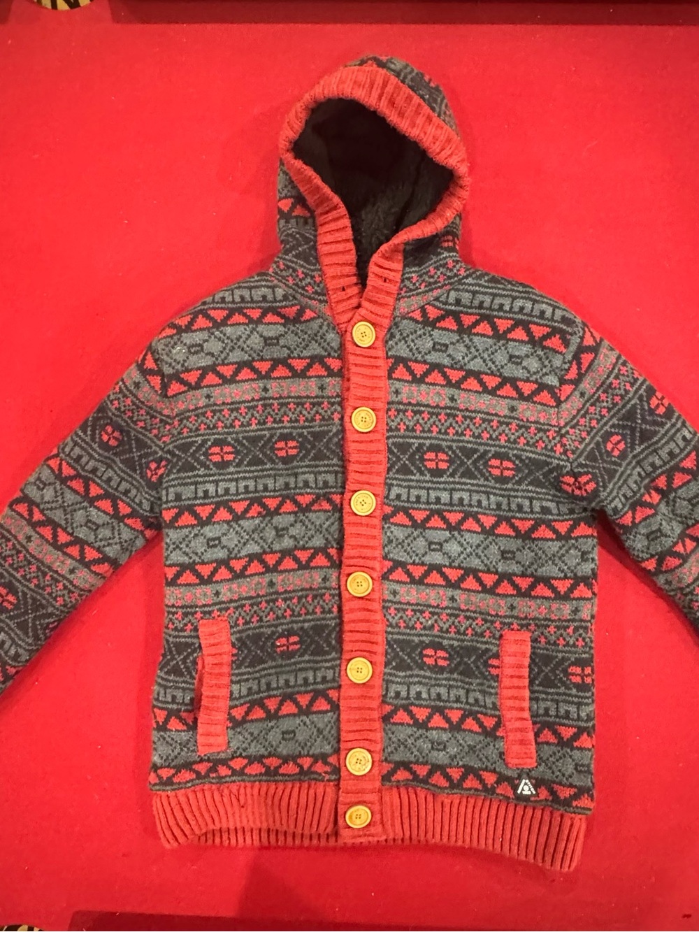American Stitch Gray & Red Hooded Knit Sherpa-Lined Cozy Button Up Cardigan